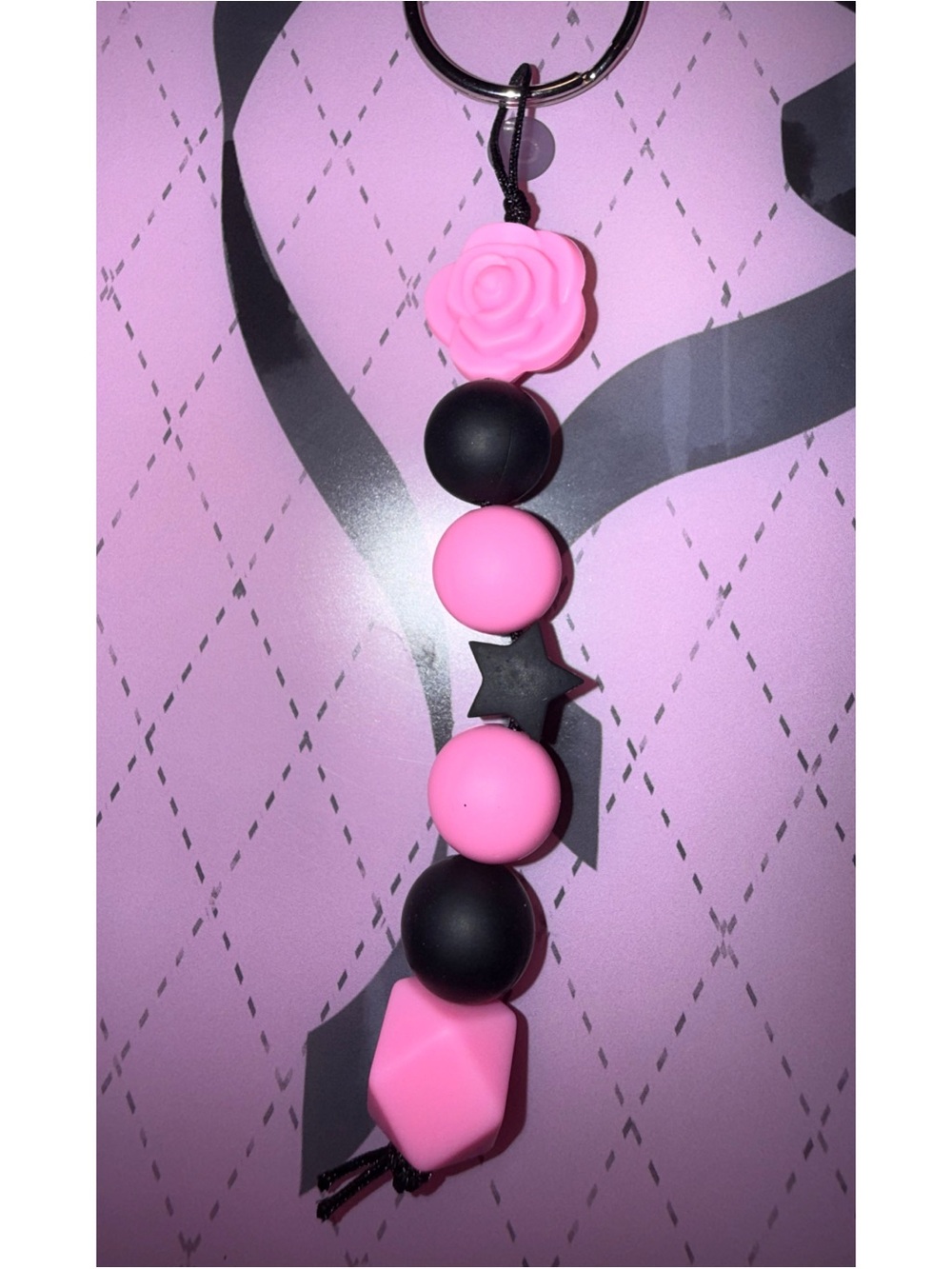 Pink & Black Beaded Rose Keychain - Women Accessories